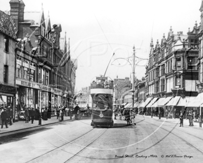 Broad Street with a Tram travelling down the middle, Reading in Berkshire c1900s
