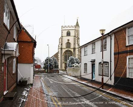 All Saints Church from Rose Street in Wokingham, Berkshire on the snowy morning of Sunday 6th April 2008