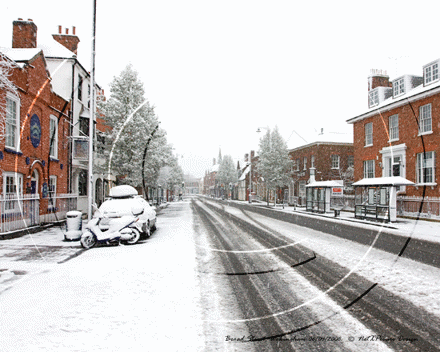 Broad Street, Wokingham in Berkshire on the snowy Sunday morning of 6th April 2008