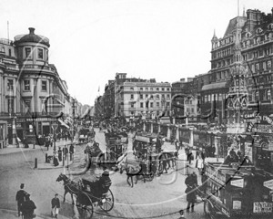 Charing Cross and The Strand with horse-drawn traffic containing Hansom Cabs and Growler Cabs in London c1890s
