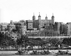 The Tower of London together with a rank of "Growler" cabs in London c1880s