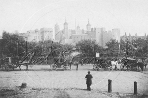 Tower of London and a cab rank consisting of Growler & Hansom Cabs in London c1880s