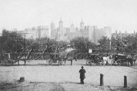 Tower of London and a cab rank consisting of Growler & Hansom Cabs in London c1880s