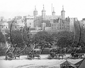 Tower Of London with Hansom & Growler Cabs ranked-up outside in London c1890s