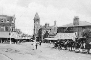 Forest Hill Train Station in South East London c1900s. Outside are waiting a couple of Hansom Cabs on the Cab Rank