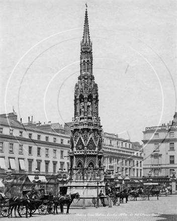 Charing Cross Station & Eleanor Cross with Hansom Cab & Growler Cab taxi ranks in London c1890s