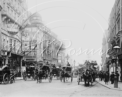 The Strand bustling with horse drawn carriages including Hansom Cabs, London c1890s