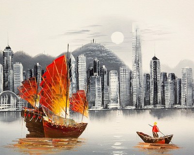 Picture of Landscapes - Hong Kong Harbour & Junk Boat - O033