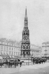 Charing Cross Station & Eleanor Cross with Hansom Cab & Growler Cab taxi ranks in London c1860s