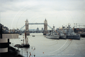 HMS Belfast and Tower Bridge on The Thames in London c1970s in colour